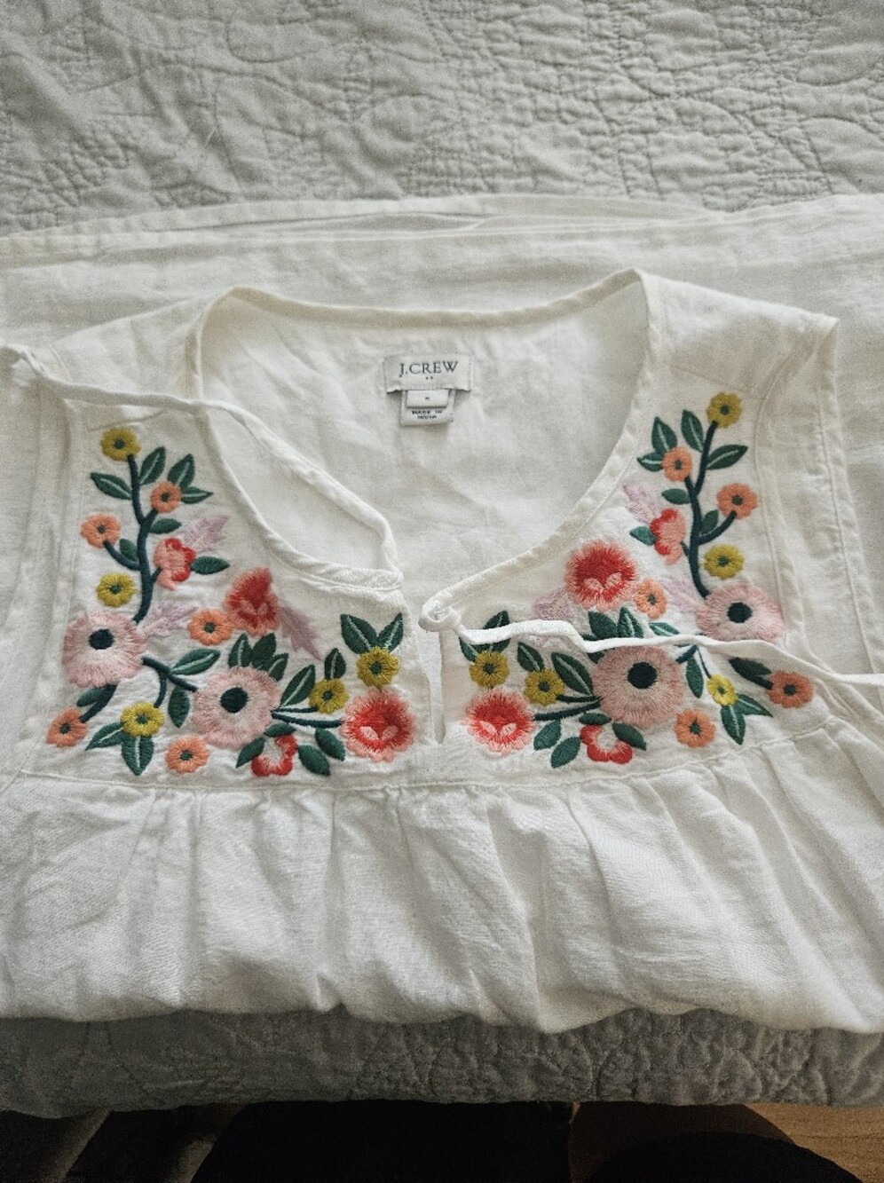J. Crew White Embroidered Floral Peasant Blouse